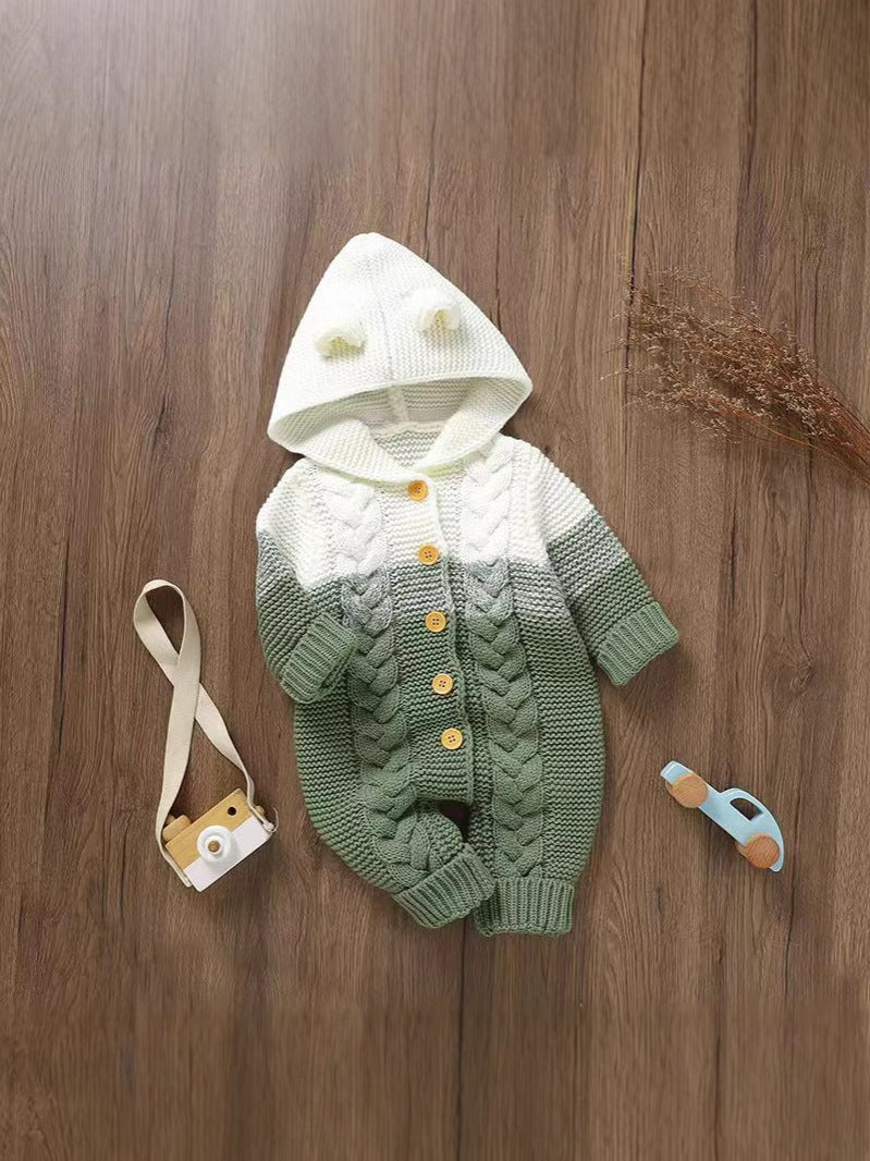 knitted Baby Hooded Jumpsuit / Onesie