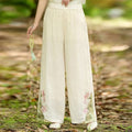 Retro Embroidered Cotton Linen Wide-Leg Pants for Women