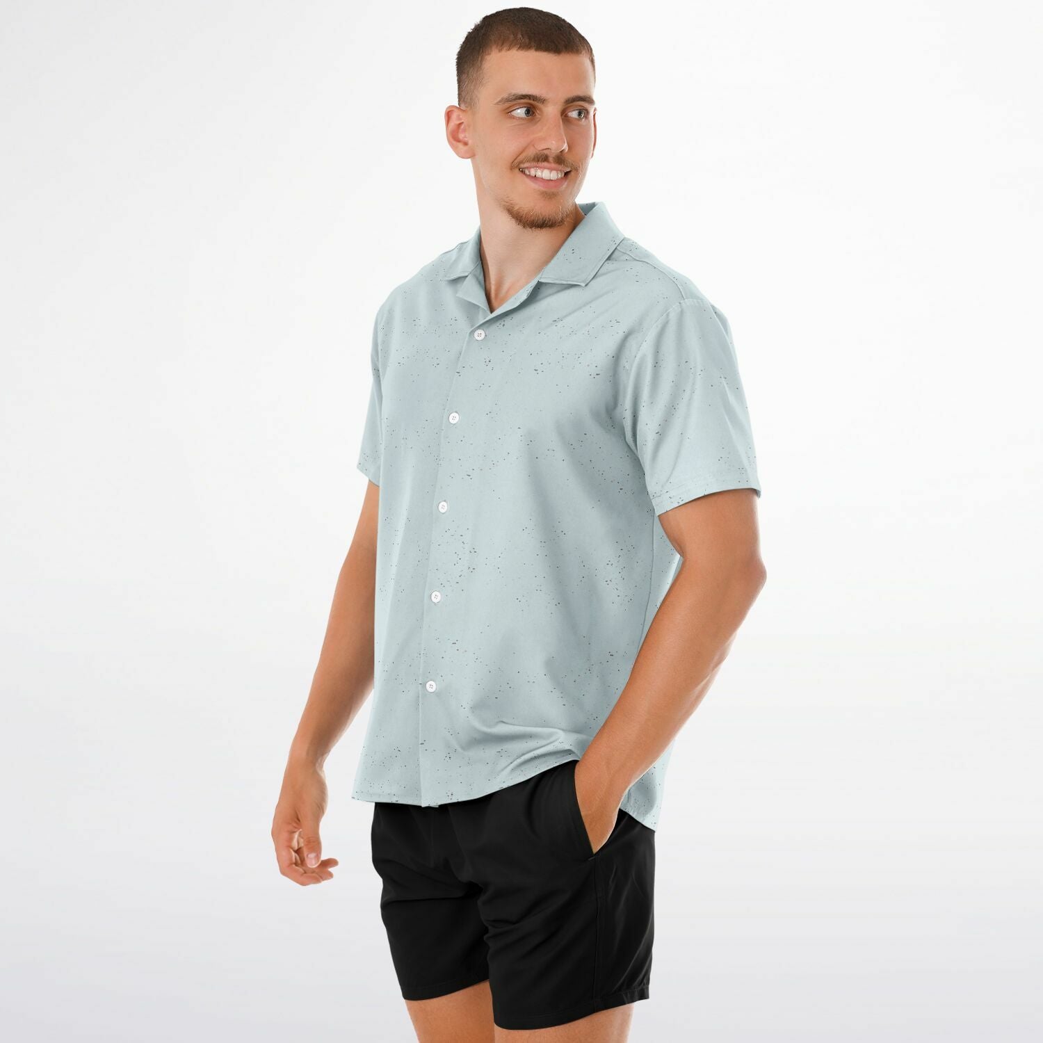 Ice Blue Speckled Men's Spread Collar Short Sleeve Button-Down Shirt