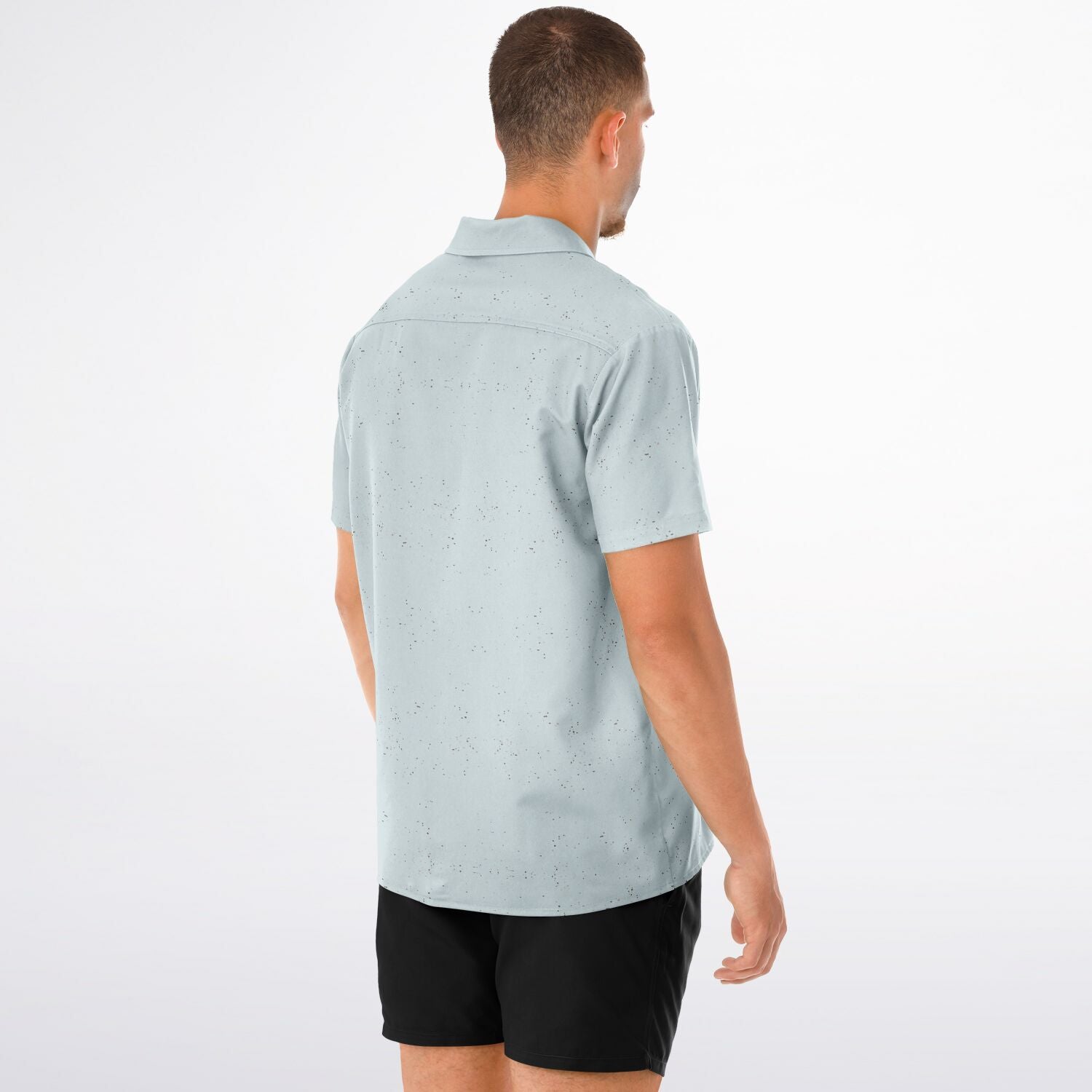 Ice Blue Speckled Men's Spread Collar Short Sleeve Button-Down Shirt