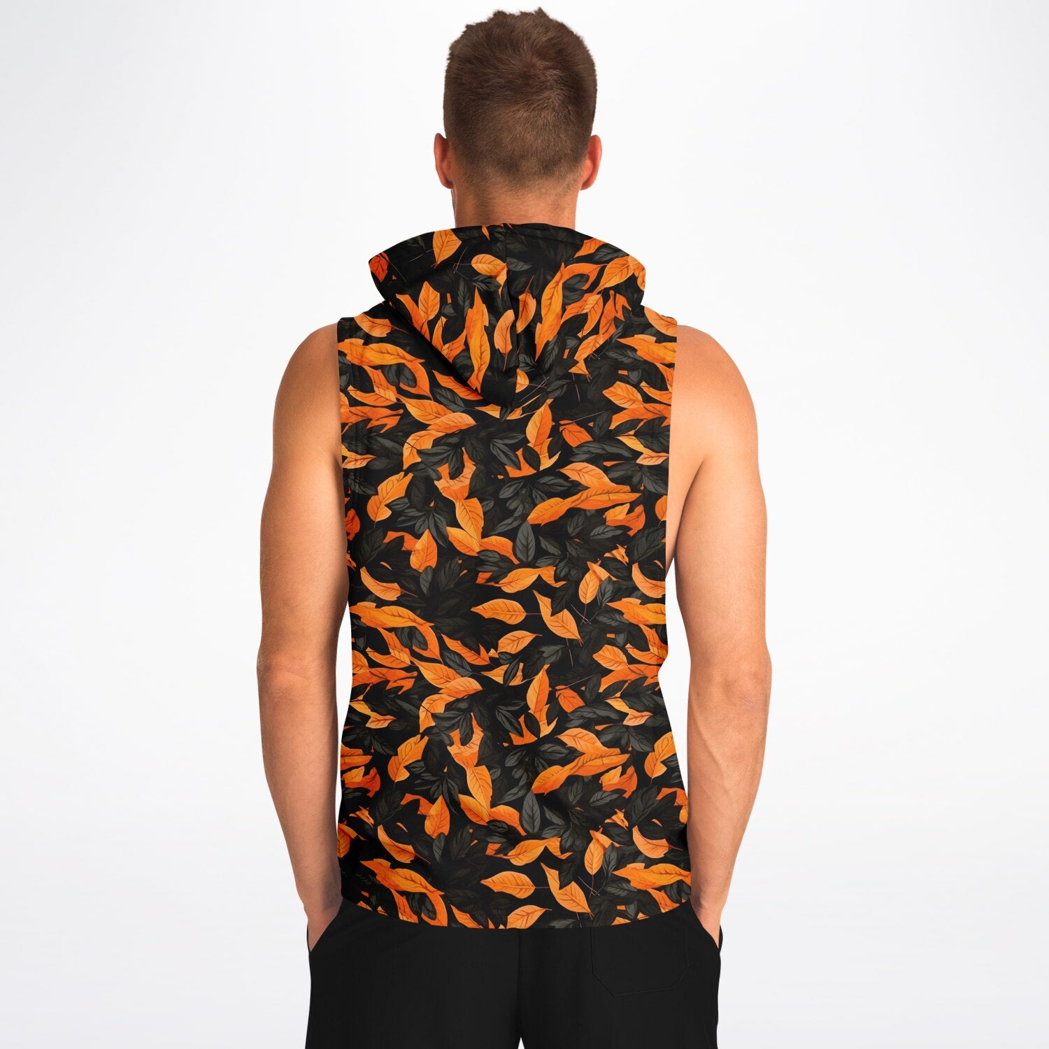 Orange Leaves Forest Camo Athletic Drop Armhole Sleeveless Hoodie