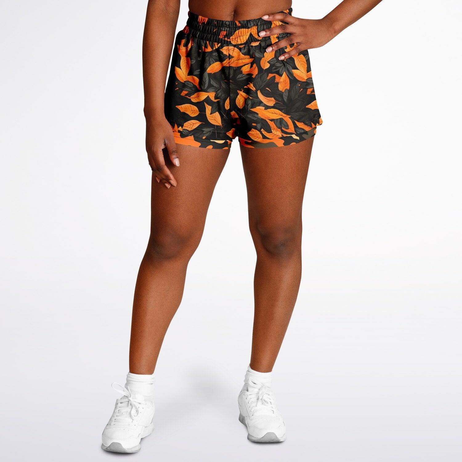 Orange Leave Forest Camo Women's 2-in-1 Shorts