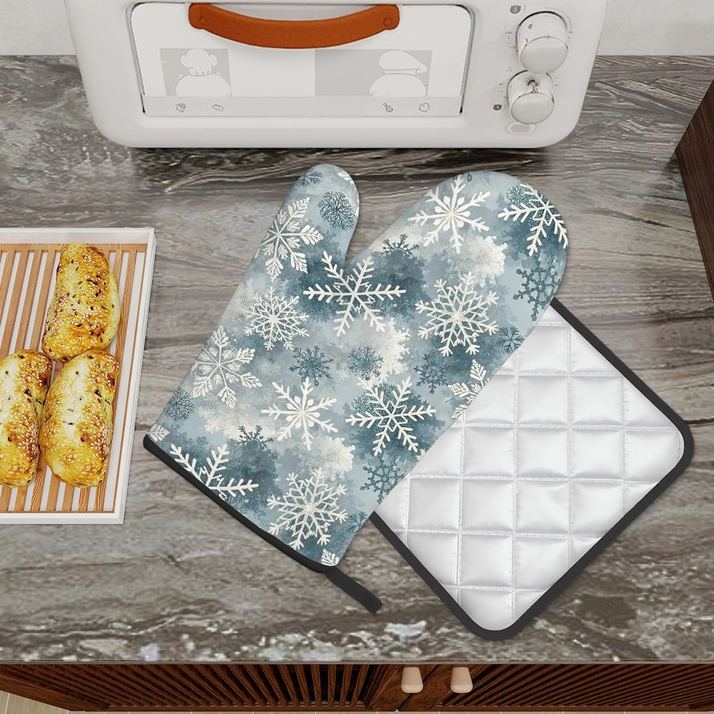 Blue Snowflake Oven Mitts and Potholder Set