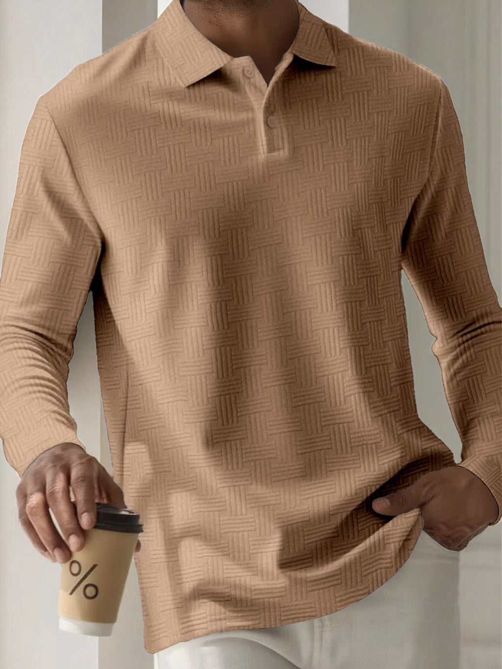 Mens Textured Long Sleeve Polo Shirts