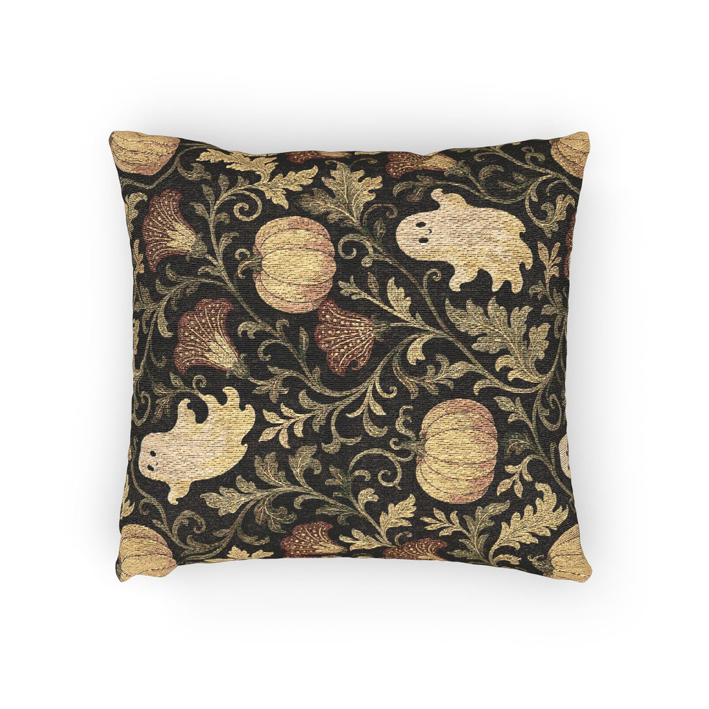 Halloween Ghost & Pumpkin Woven Pillow — Vintage Floral Spooky Accent Cushion