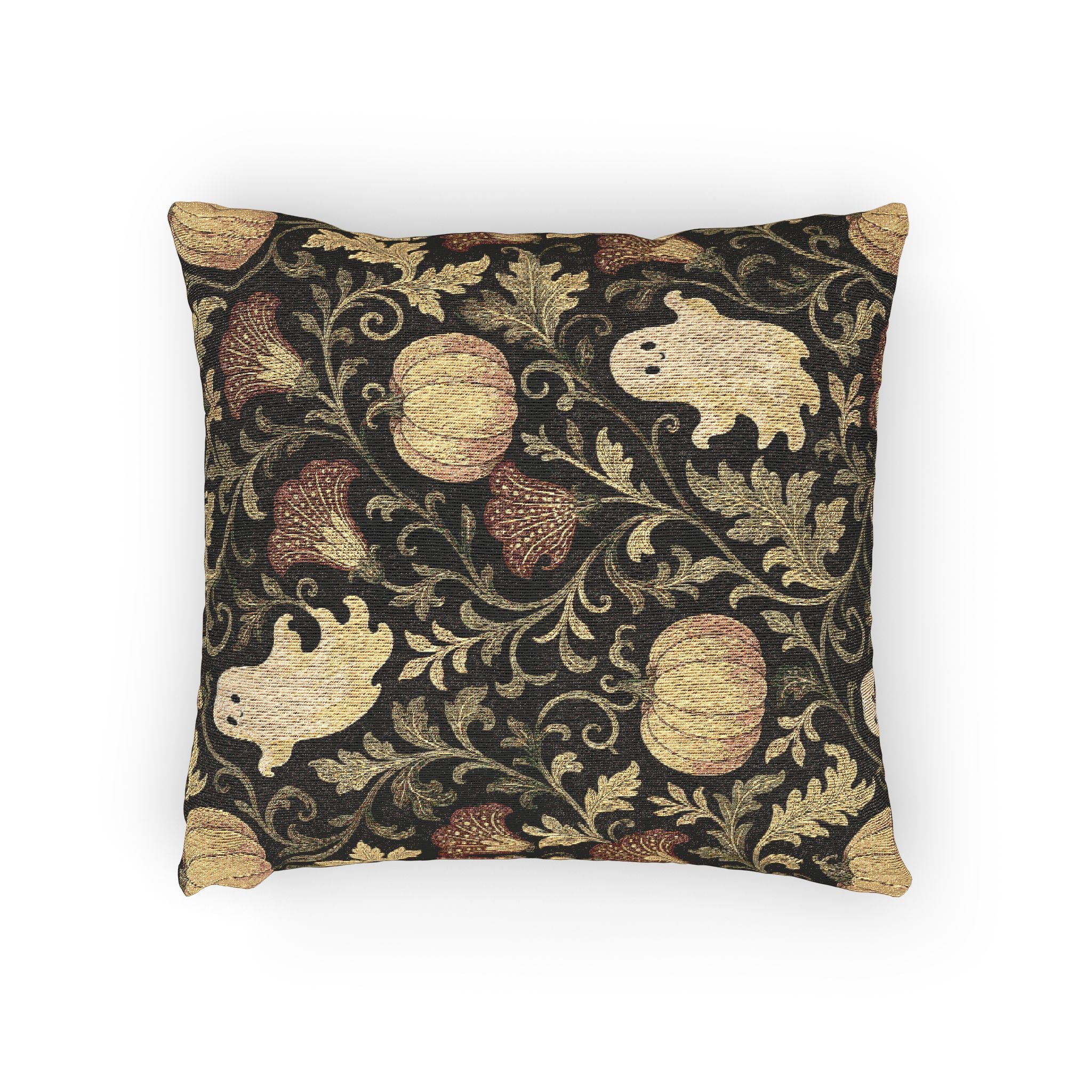 Halloween Ghost & Pumpkin Woven Pillow — Vintage Floral Spooky Accent Cushion