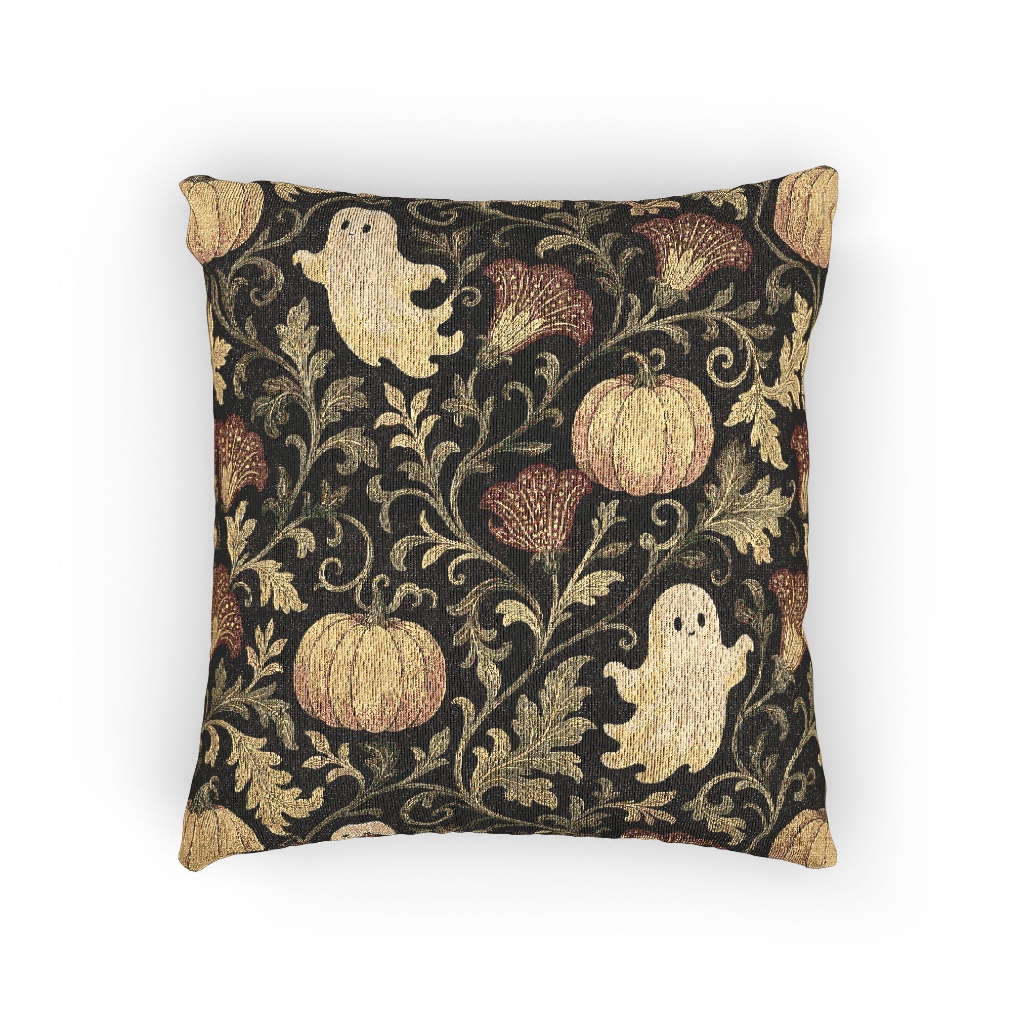 Halloween Ghost & Pumpkin Woven Pillow — Vintage Floral Spooky Accent Cushion