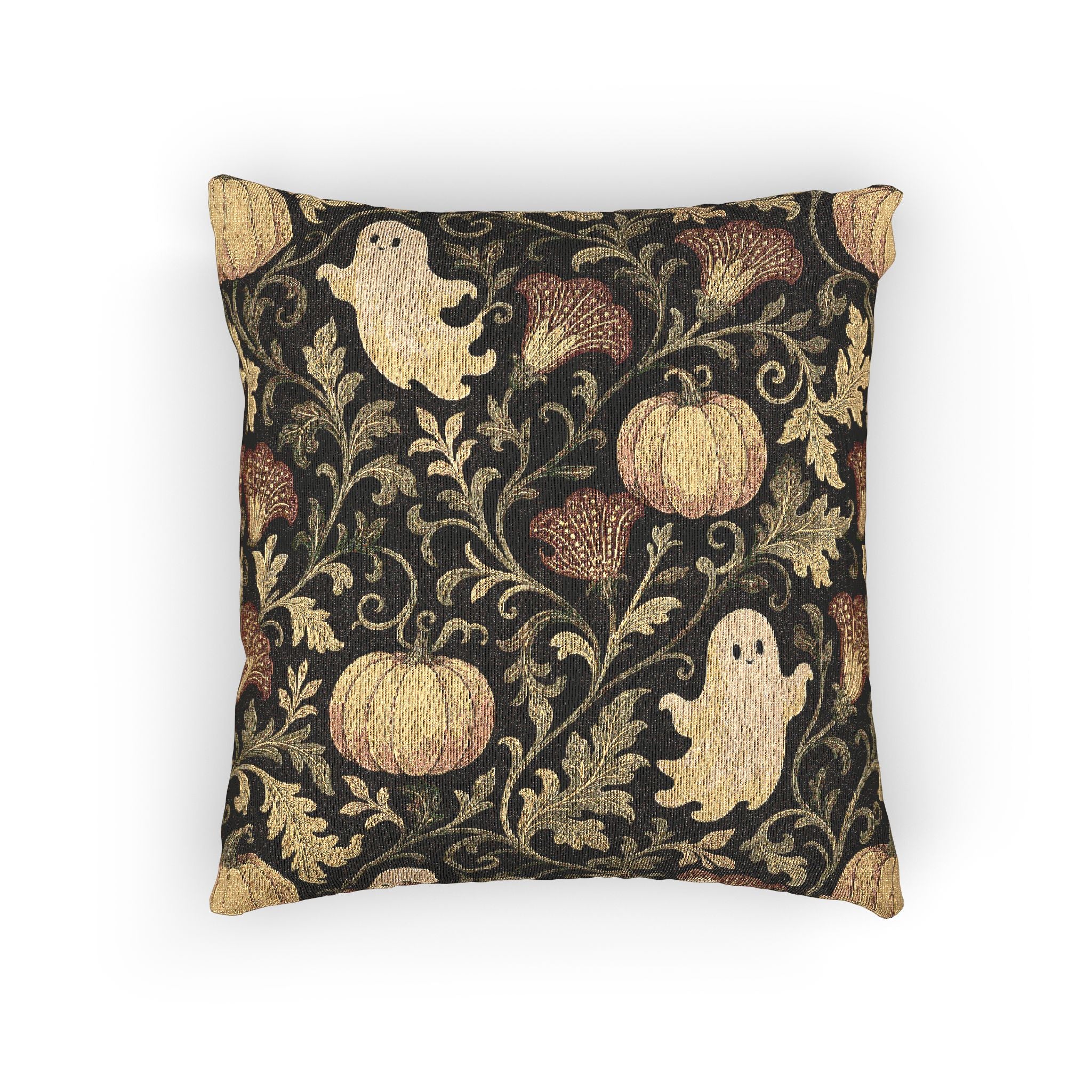 Halloween Ghost & Pumpkin Woven Pillow — Vintage Floral Spooky Accent Cushion