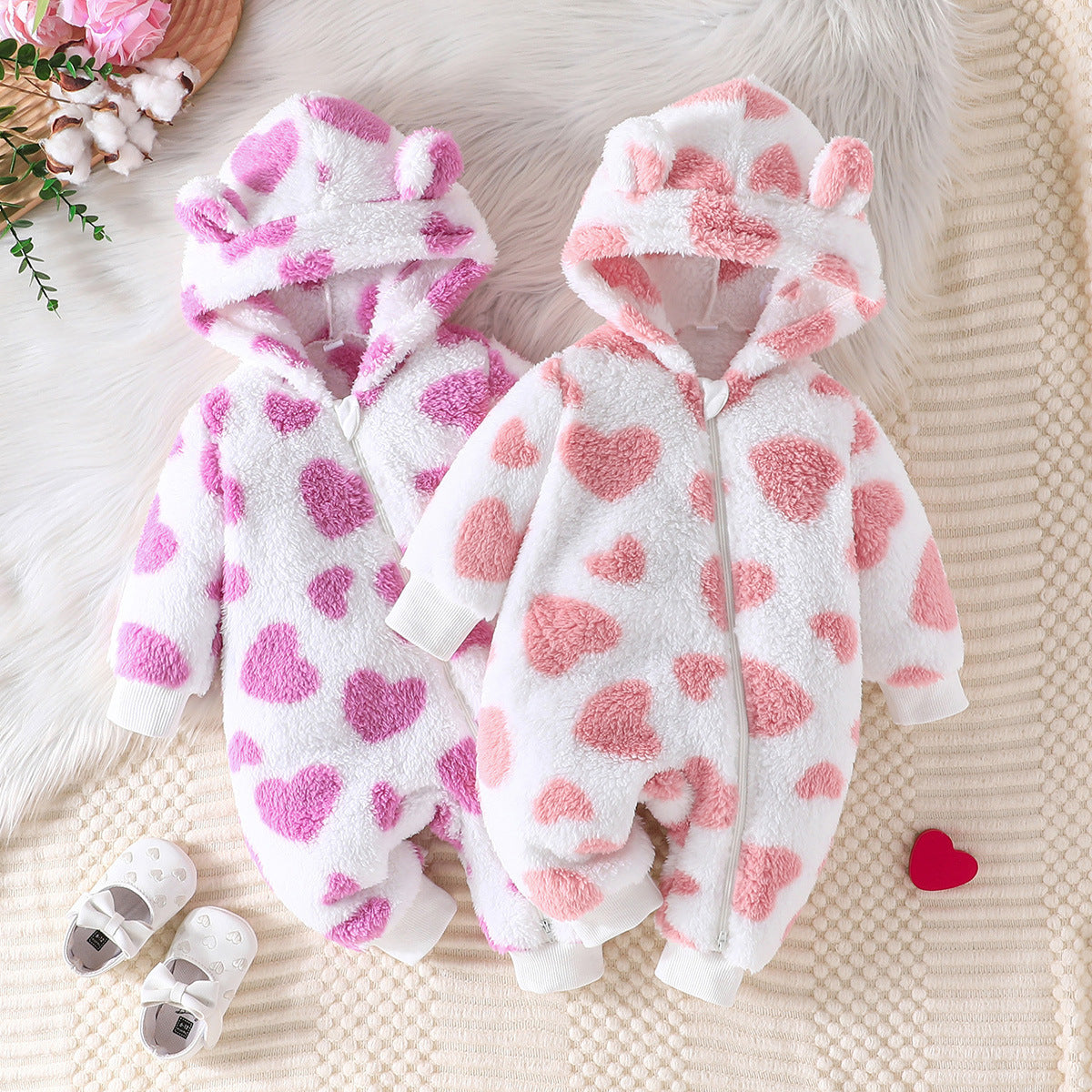 Fuzzy Heart Kids Hooded Long Sleeve Romper