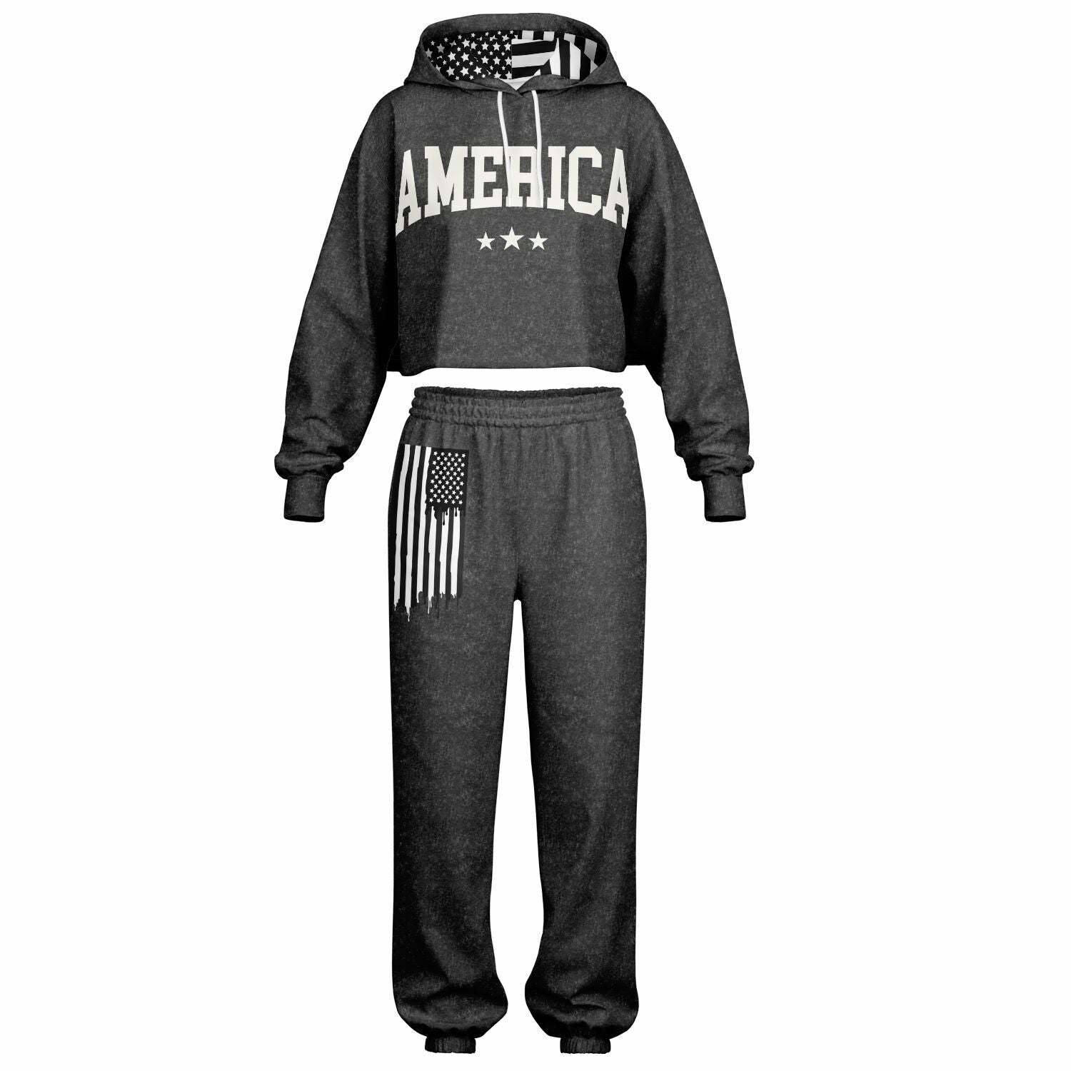 Ladies America Black Acid Wash Dance Hoodie & Sweatpants Set