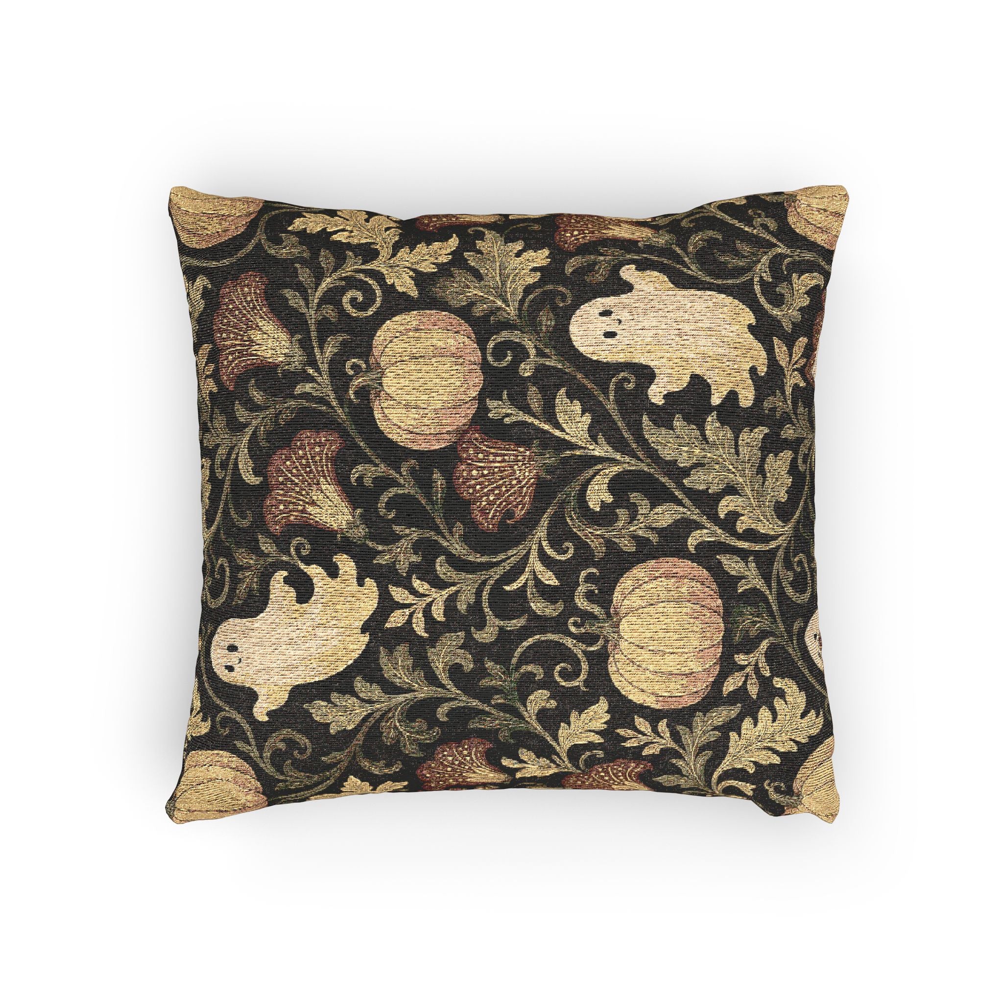 Halloween Ghost & Pumpkin Woven Pillow — Vintage Floral Spooky Accent Cushion