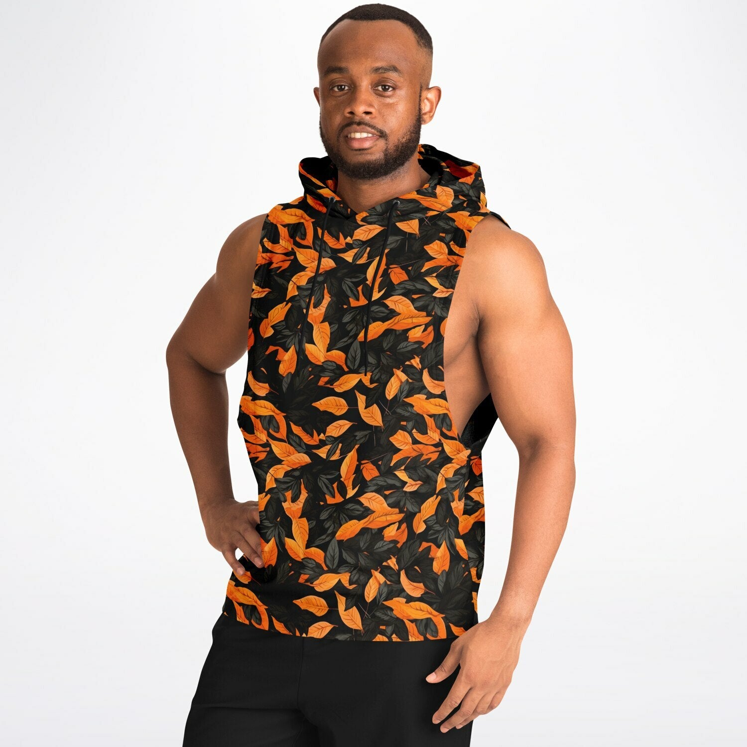 Orange Leaves Forest Camo Athletic Drop Armhole Sleeveless Hoodie