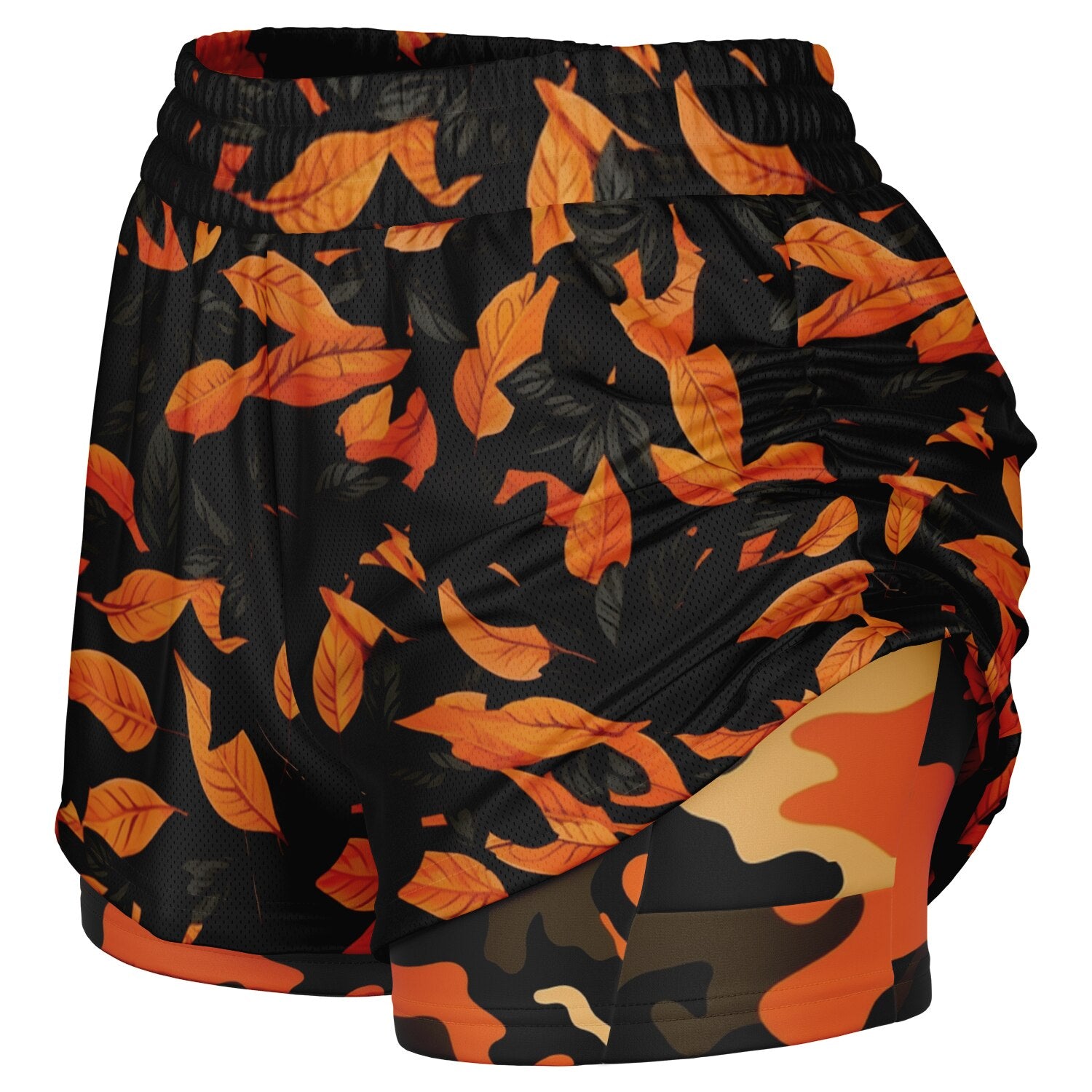 Orange Leave Forest Camo Women's 2-in-1 Shorts