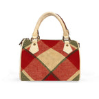 Red Khaki Plaid Barrel-Shaped PU Leather Handbag