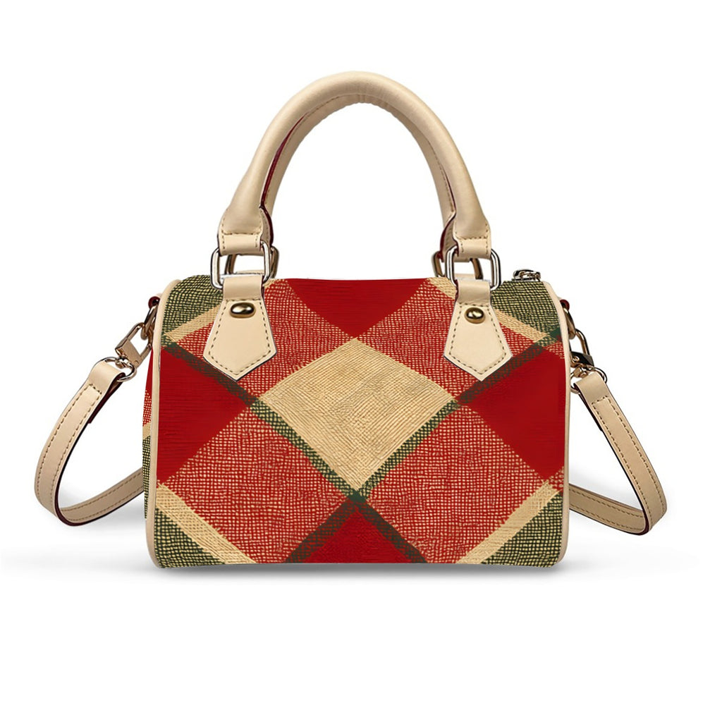 Red Khaki Plaid Barrel-Shaped PU Leather Handbag