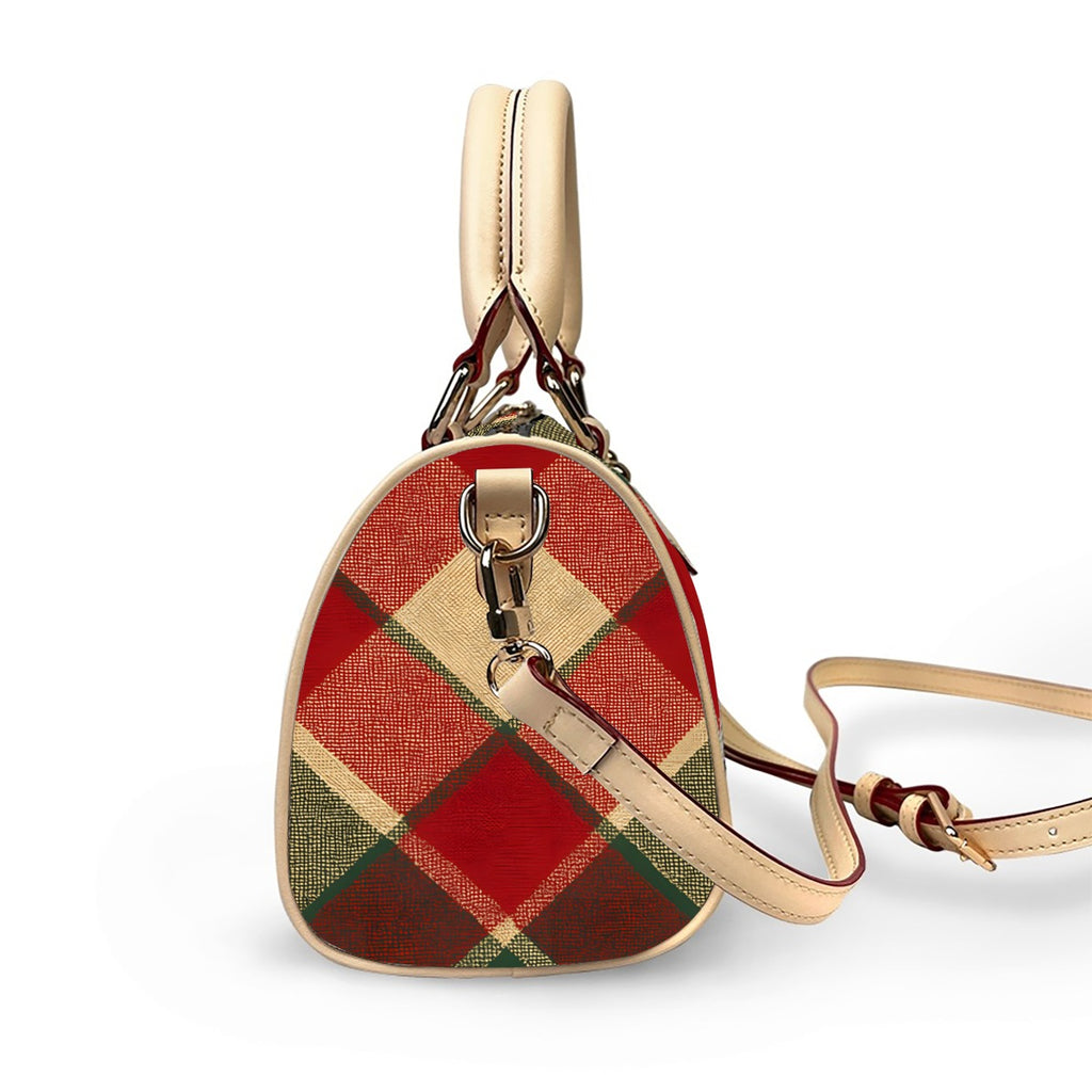Red Khaki Plaid Barrel-Shaped PU Leather Handbag
