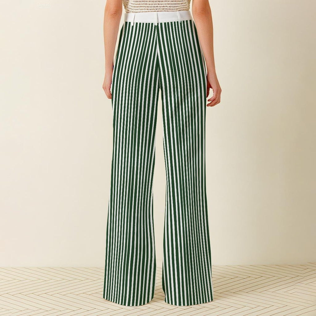 Green Striped Women's High-Waist Wide Leg Pants