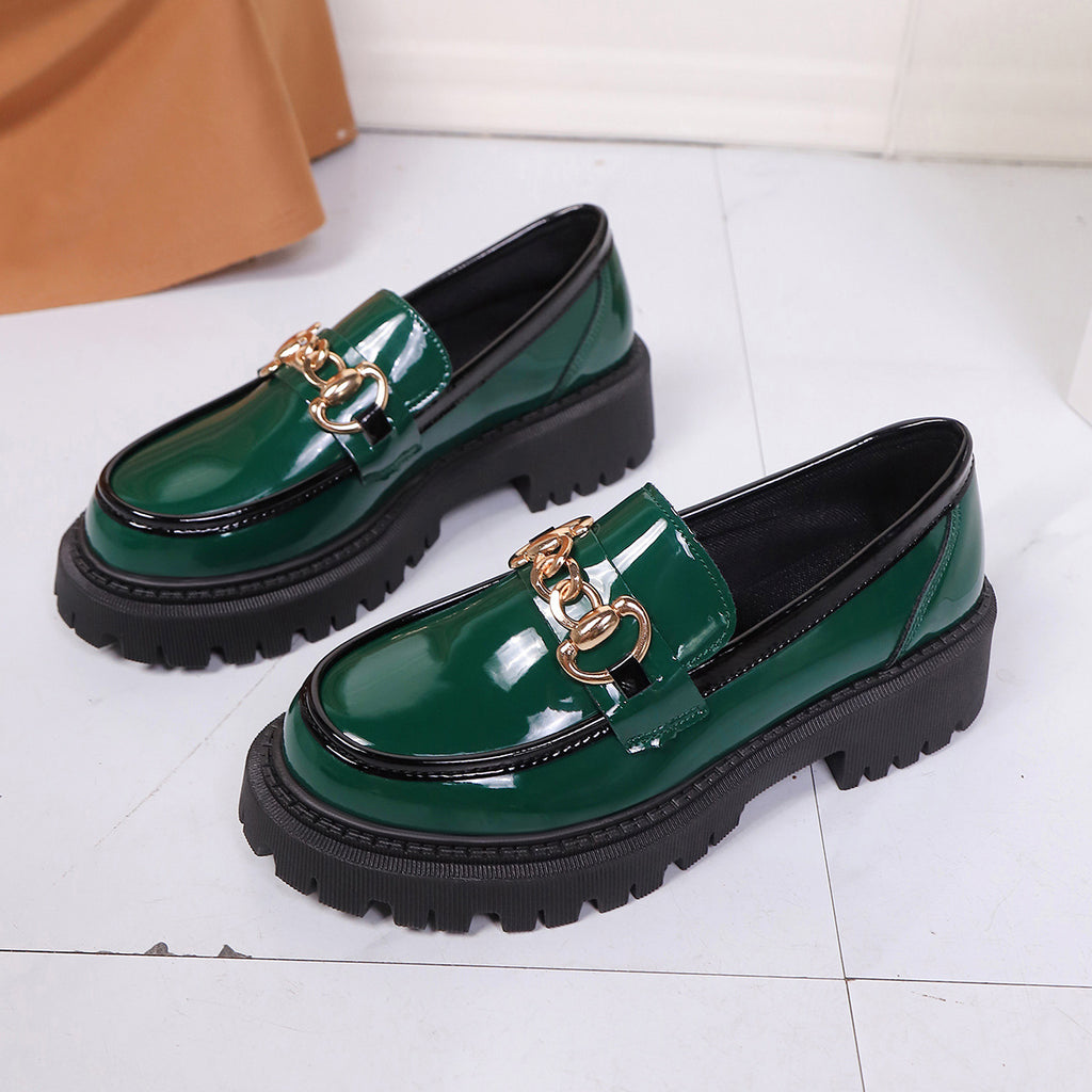 Green Faux Leather Thick Sole Slip-On Shoes