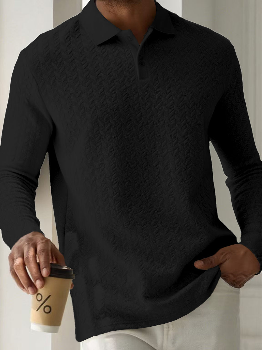Mens Textured Long Sleeve Polo Shirts