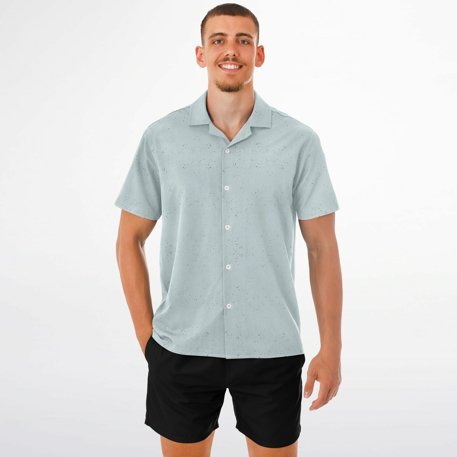 Ice Blue Speckled Men's Spread Collar Short Sleeve Button-Down Shirt