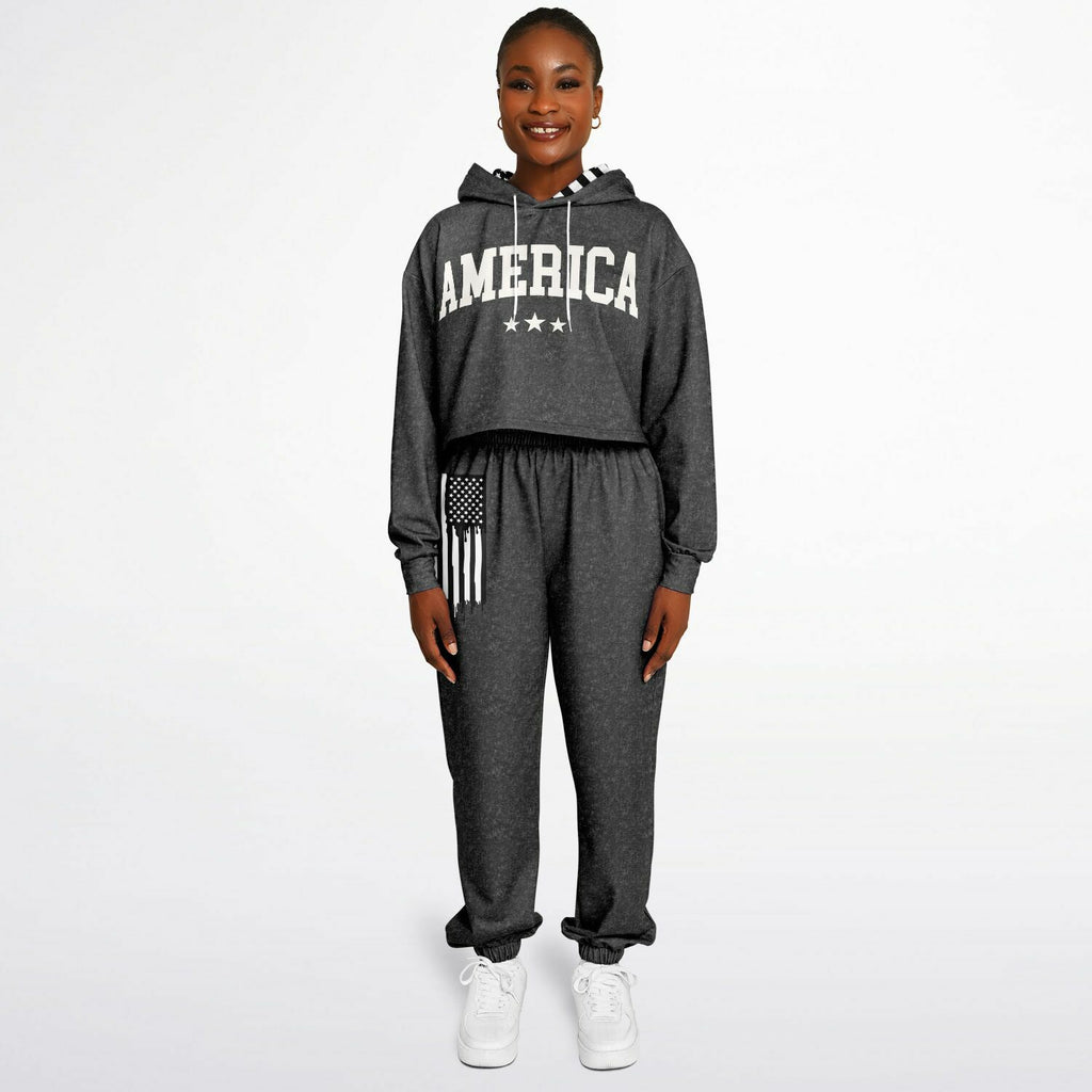 Ladies America Black Acid Wash Dance Hoodie & Sweatpants Set