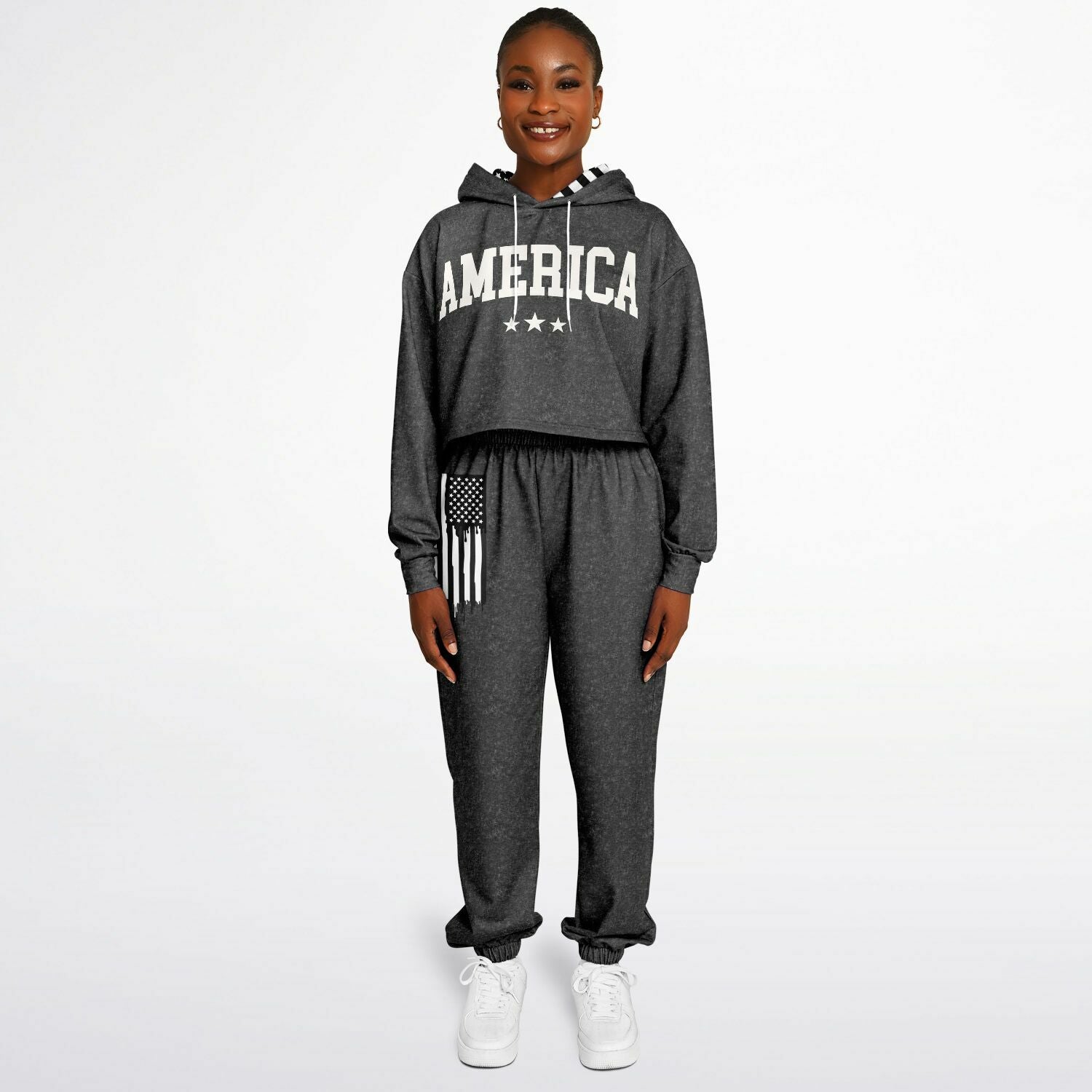 Ladies America Black Acid Wash Dance Hoodie & Sweatpants Set