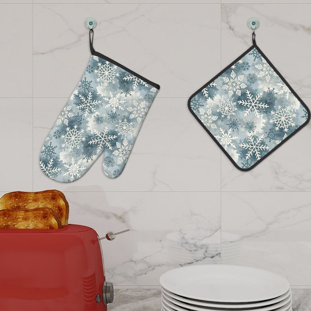 Blue Snowflake Oven Mitts and Potholder Set