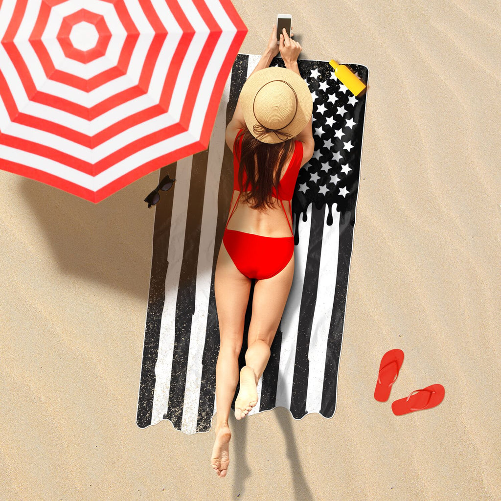 Black and White American Drip Flag XL Beach Towel