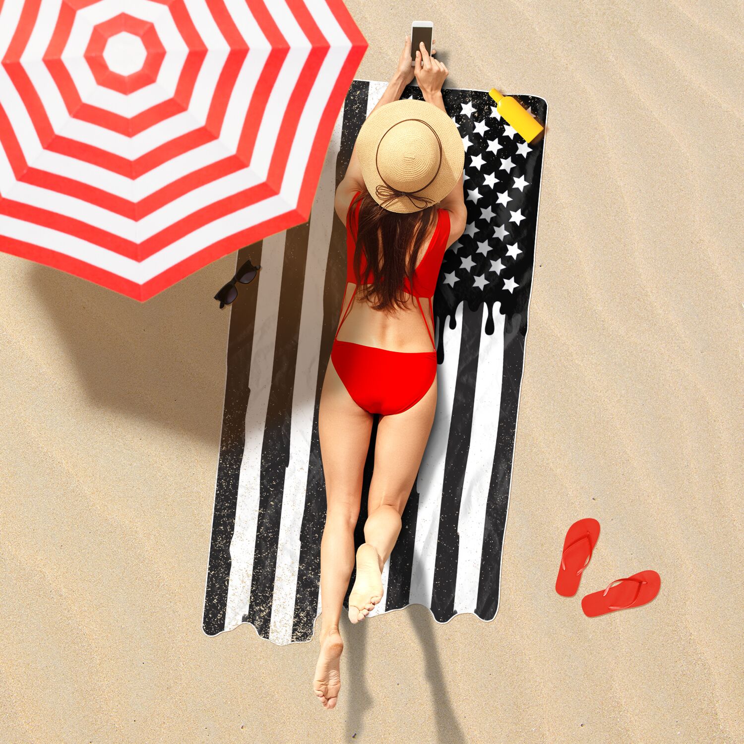 Black and White American Drip Flag XL Beach Towel