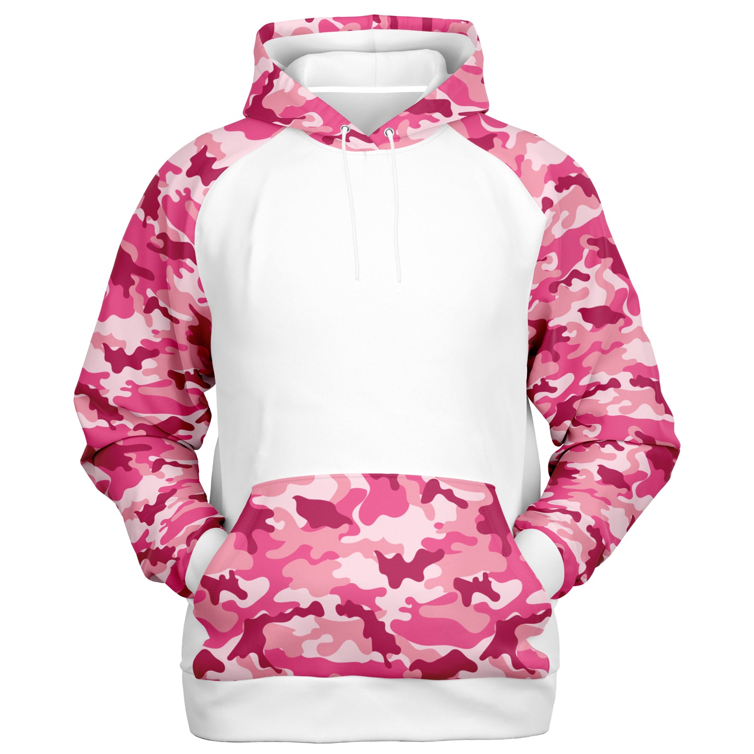 Ladies White and Pink Camo Raglan Hoodie