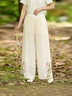 Retro Embroidered Cotton Linen Wide-Leg Pants for Women