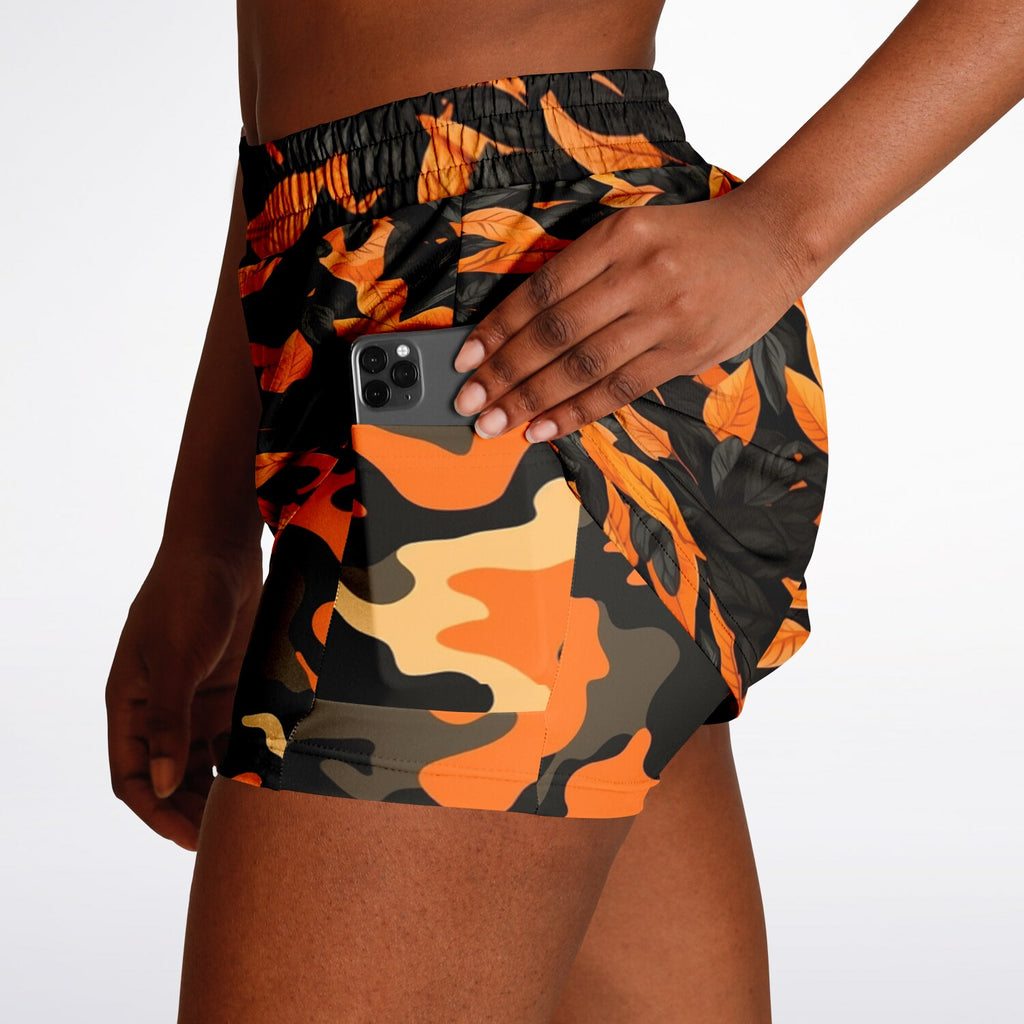 Orange Leave Forest Camo Women's 2-in-1 Shorts