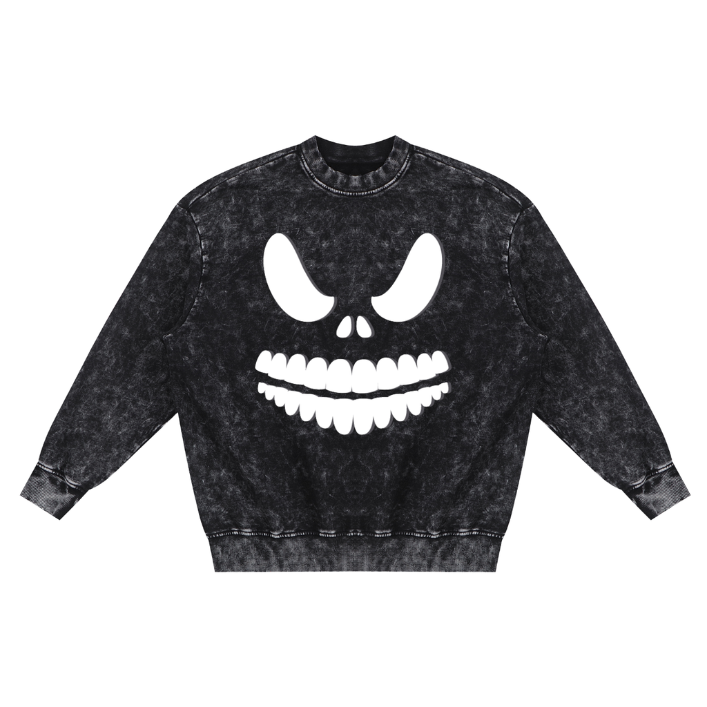 Wicked Smile Black Snow Washed Hand-Frayed Unisex Sweatshirt