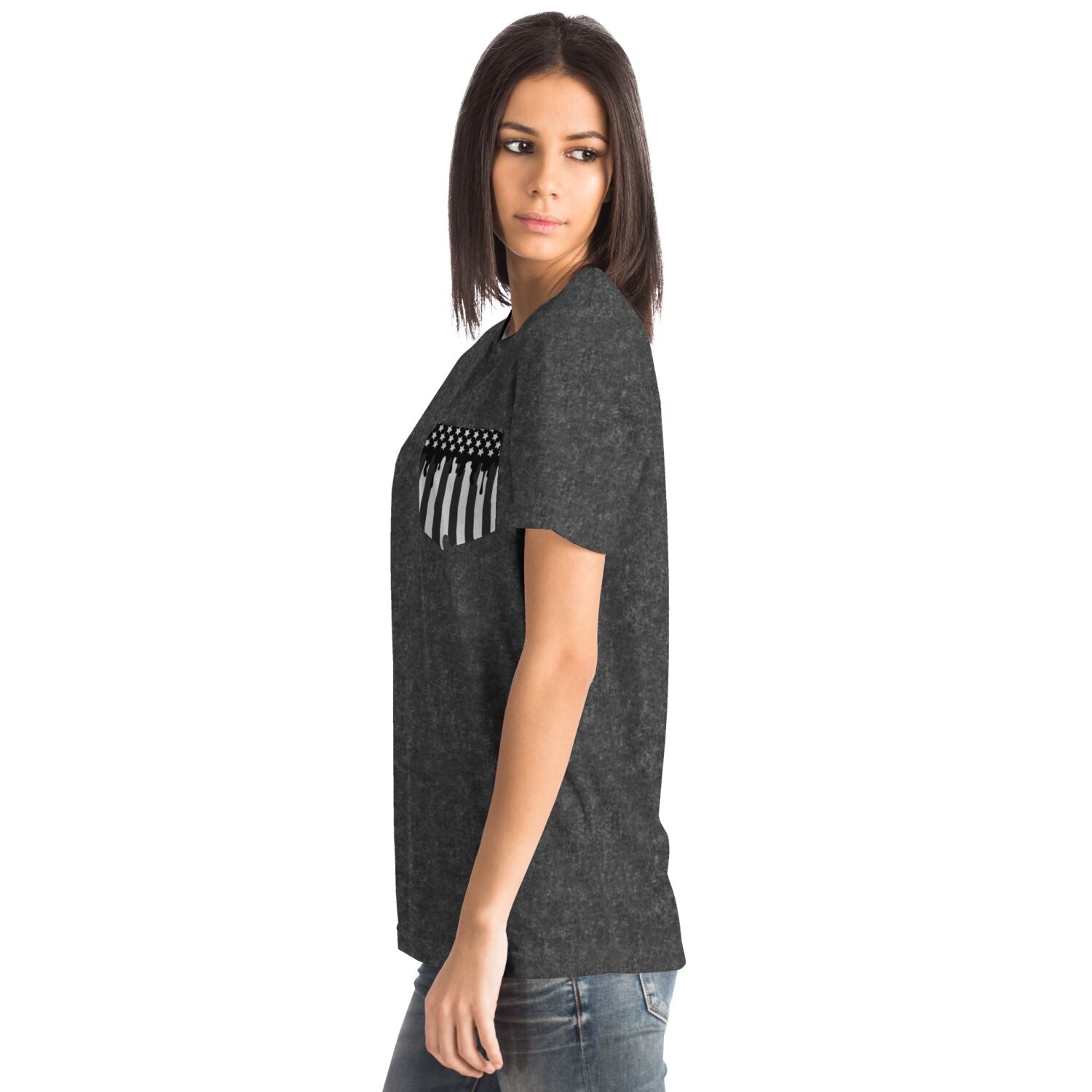 Ladies American Drip Black Acid Wash Pocket T-shirt