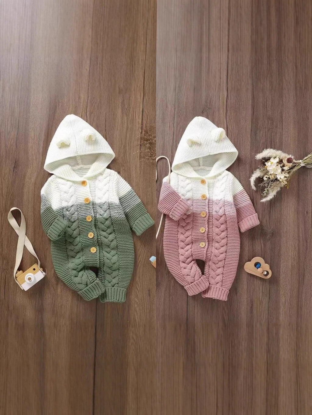 knitted Baby Hooded Jumpsuit / Onesie
