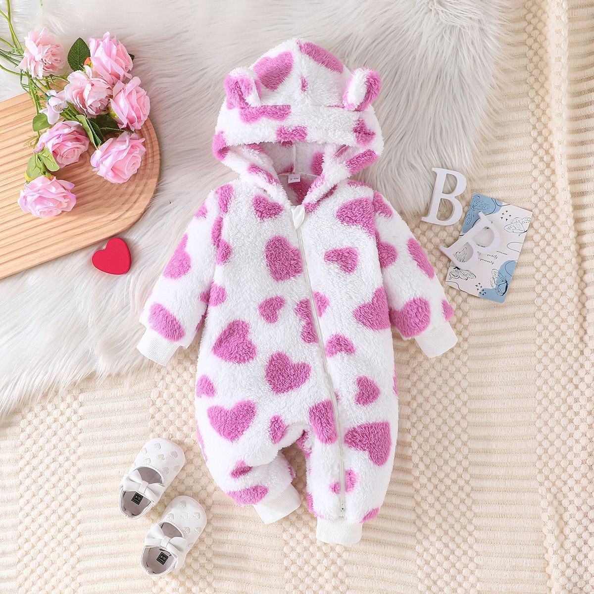 Fuzzy Heart Kids Hooded Long Sleeve Romper