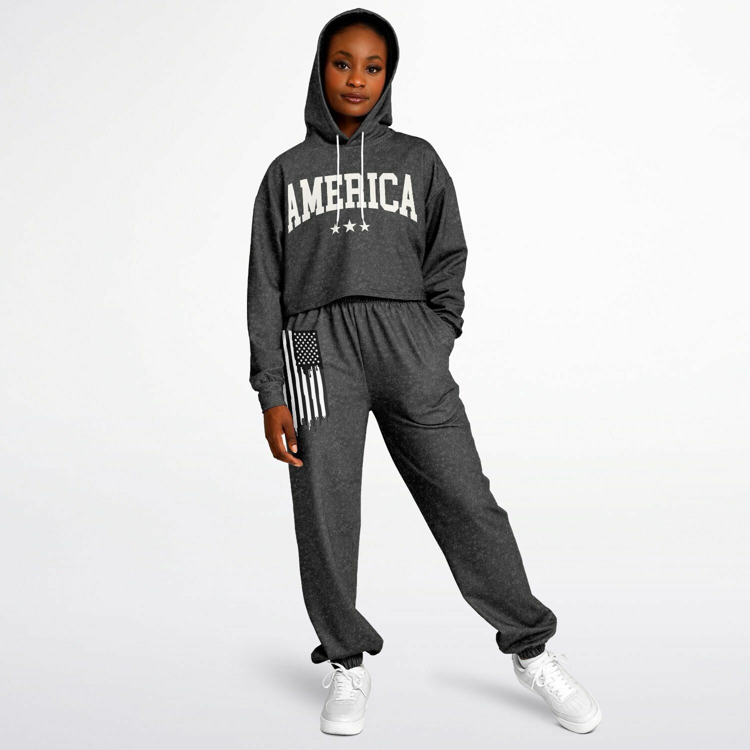 Ladies America Black Acid Wash Dance Hoodie & Sweatpants Set