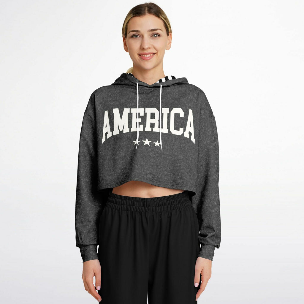 Ladies America Black Acid Wash Dance Hoodie
