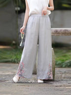 Retro Embroidered Cotton Linen Wide-Leg Pants for Women