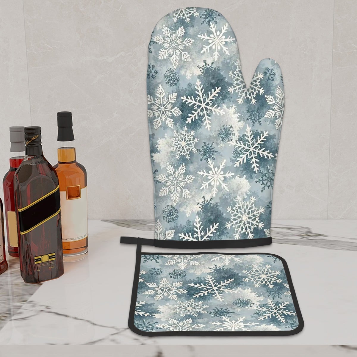 Blue Snowflake Oven Mitts and Potholder Set