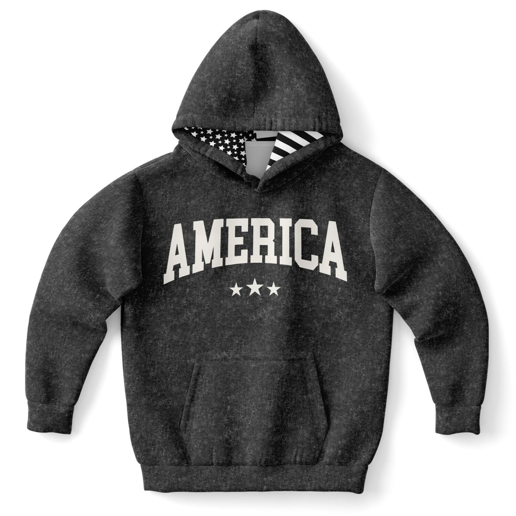 America Black Acid Wash Kids Hoodie