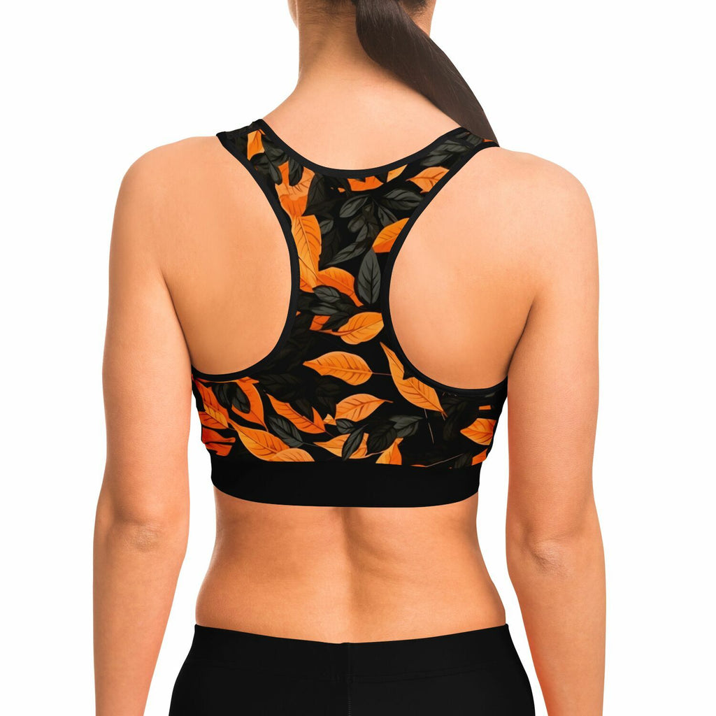 Orange Leaves Forest Camo Sports Bra
