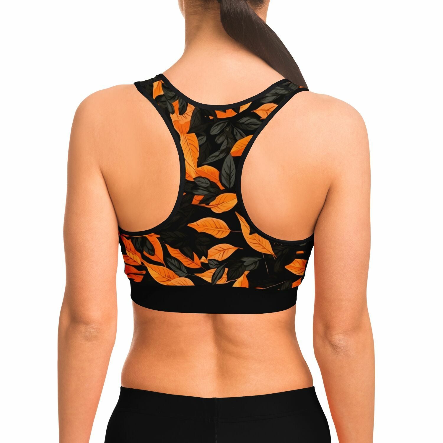 Orange Leaves Forest Camo Sports Bra