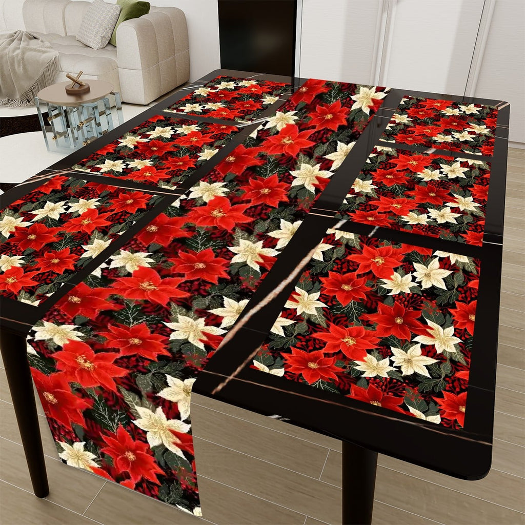 Poinsettia Cloth Placemat Table Runner Set (7 Pieces)