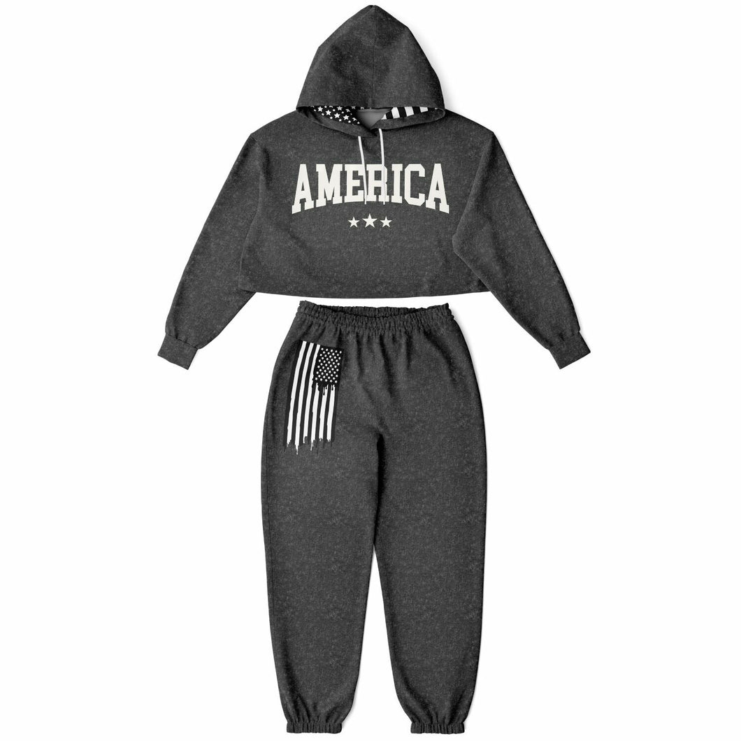 Ladies America Black Acid Wash Dance Hoodie & Sweatpants Set