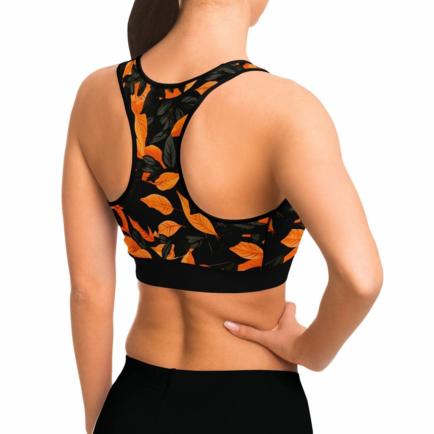 Orange Leaves Forest Camo Sports Bra