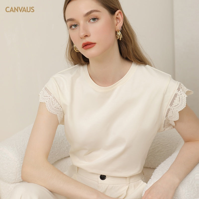 Cream yellow lace short sleeve round neck