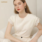 Cream yellow lace short sleeve round neck