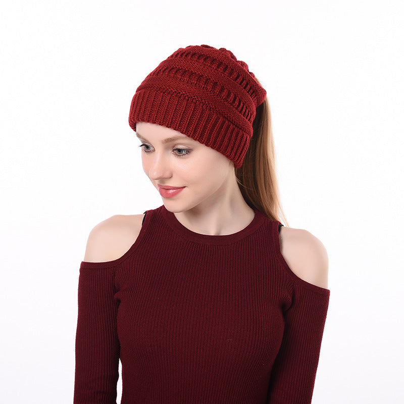 Womens Knitted Ponytail Hat Winter Warm Cap