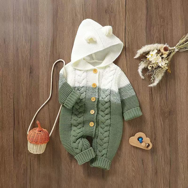 knitted Baby Hooded Jumpsuit / Onesie